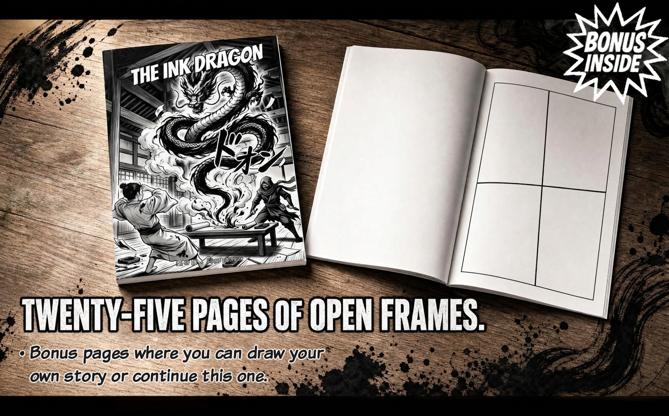 Marketing graphic showing the paperback cover beside an open spread of blank comic panel frames, labeled "Twenty-Five Pages of Open Frames."