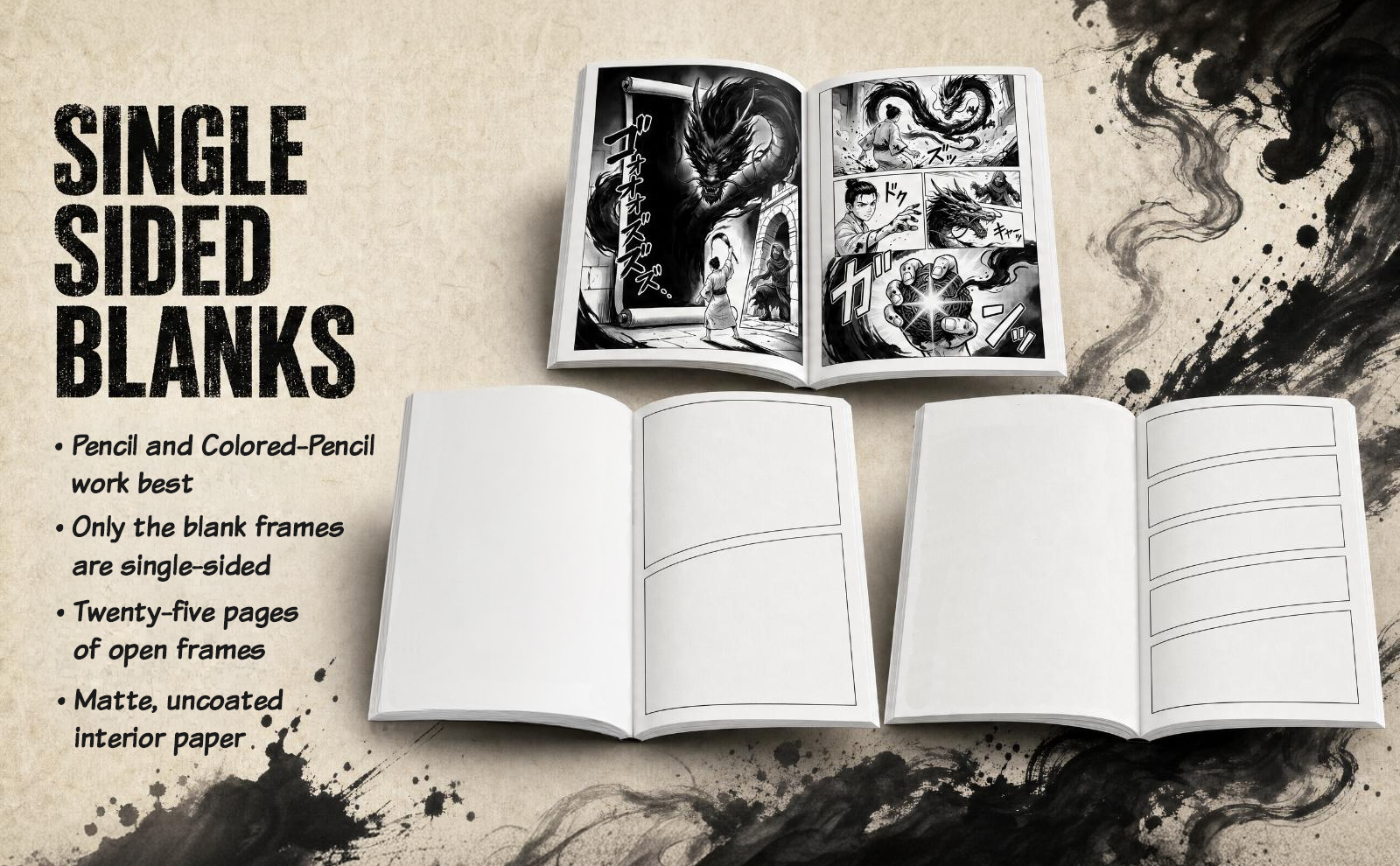 Marketing graphic titled "Single Sided Blanks": an open story spread beside two open spreads of blank frames, noting pencil and colored pencil work best on the matte, uncoated paper.