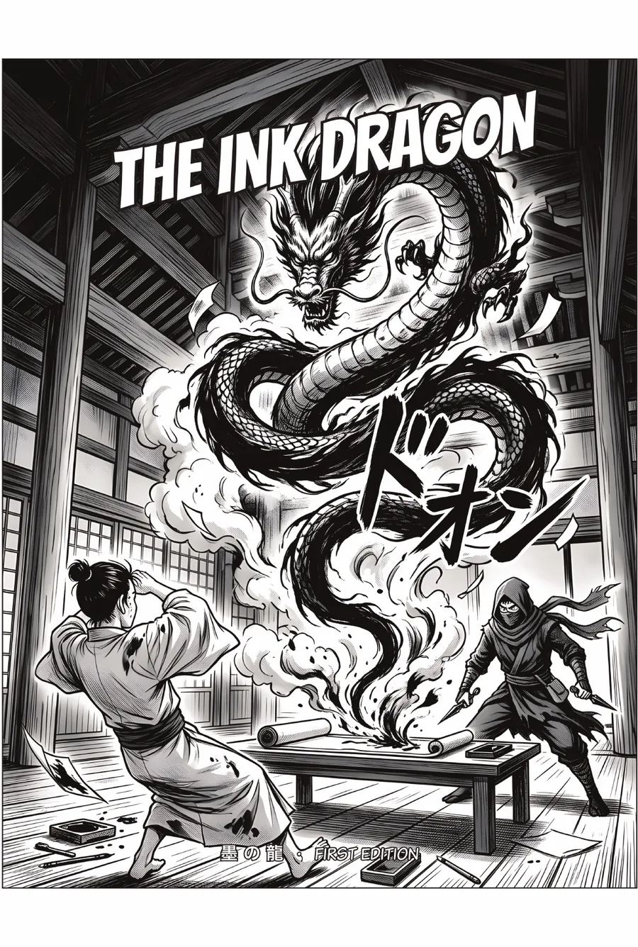 Front cover art of The Ink Dragon, hardcover edition: an ink dragon erupts from a scroll as a robed apprentice recoils and a masked thief lunges with a blade in a wooden temple hall.