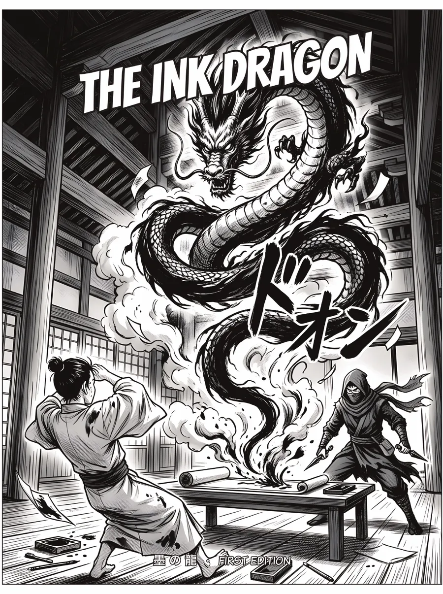Front cover of The Ink Dragon: an ink dragon erupts from a scroll as a robed apprentice recoils and a masked thief lunges with a blade in a wooden temple hall.