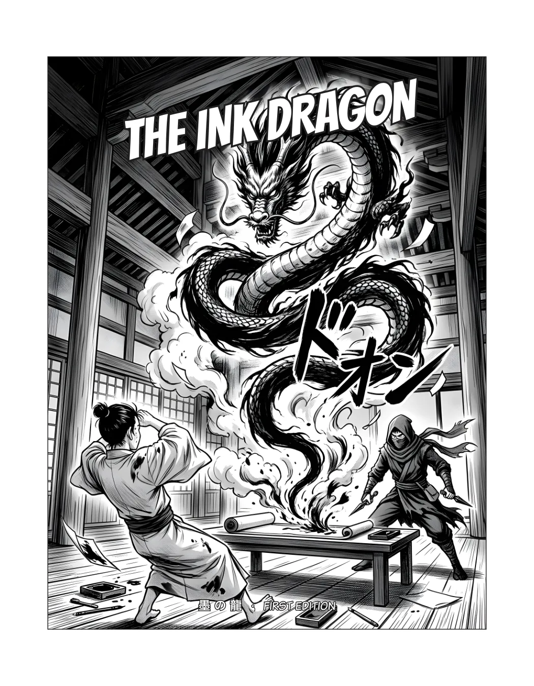 The title splash page of The Ink Dragon: the dragon erupting from the ink over a temple floor.