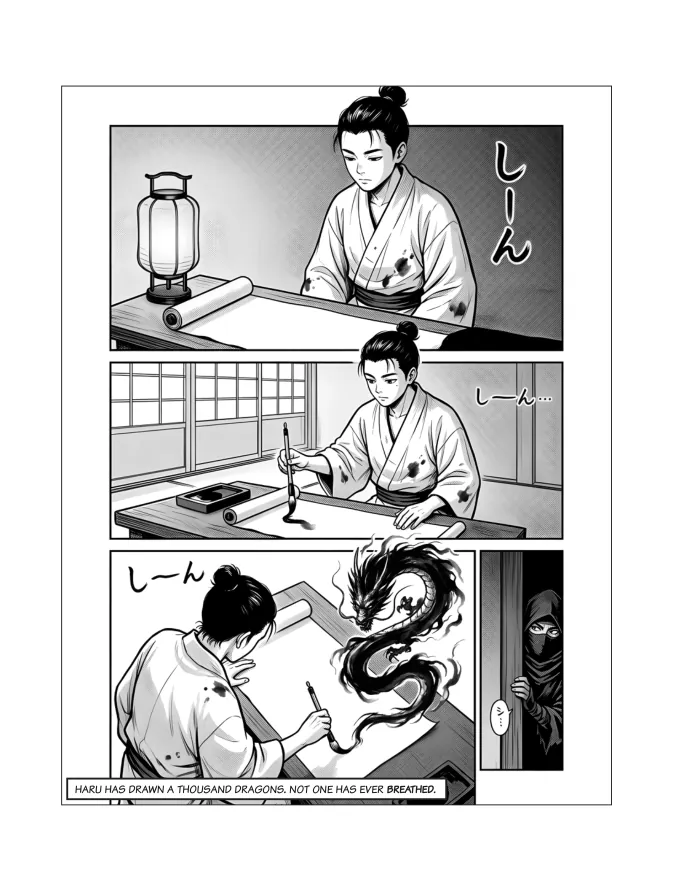 Interior page: the boy at his writing desk as the dragon rises from spilled ink.