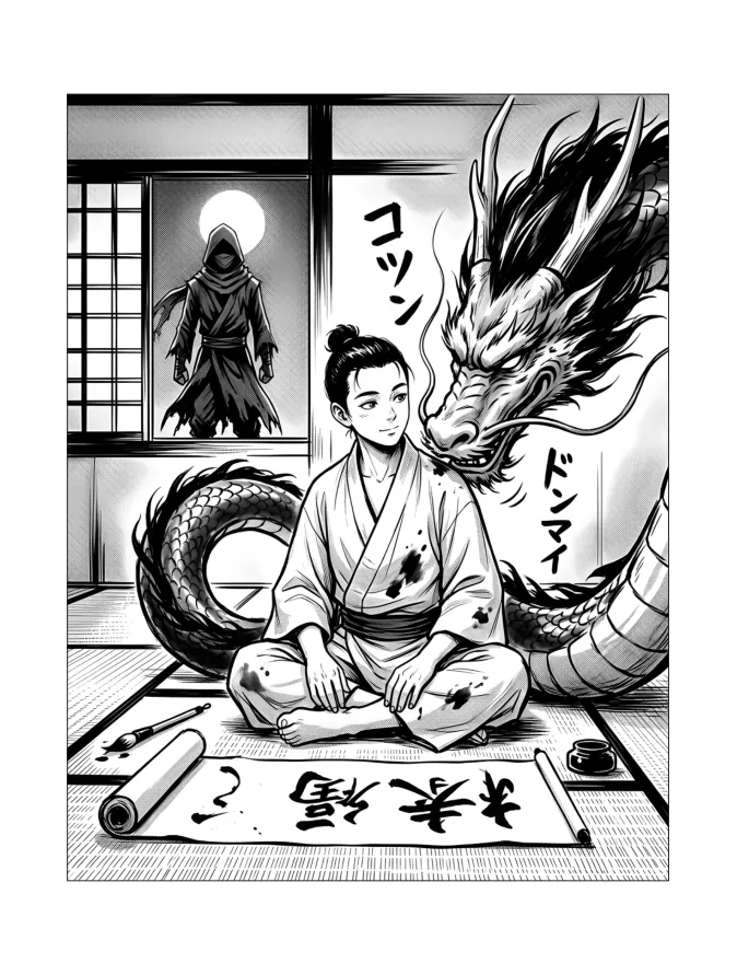 Interior page from The Ink Dragon: a boy sits before a scroll while an ink dragon leans in close.