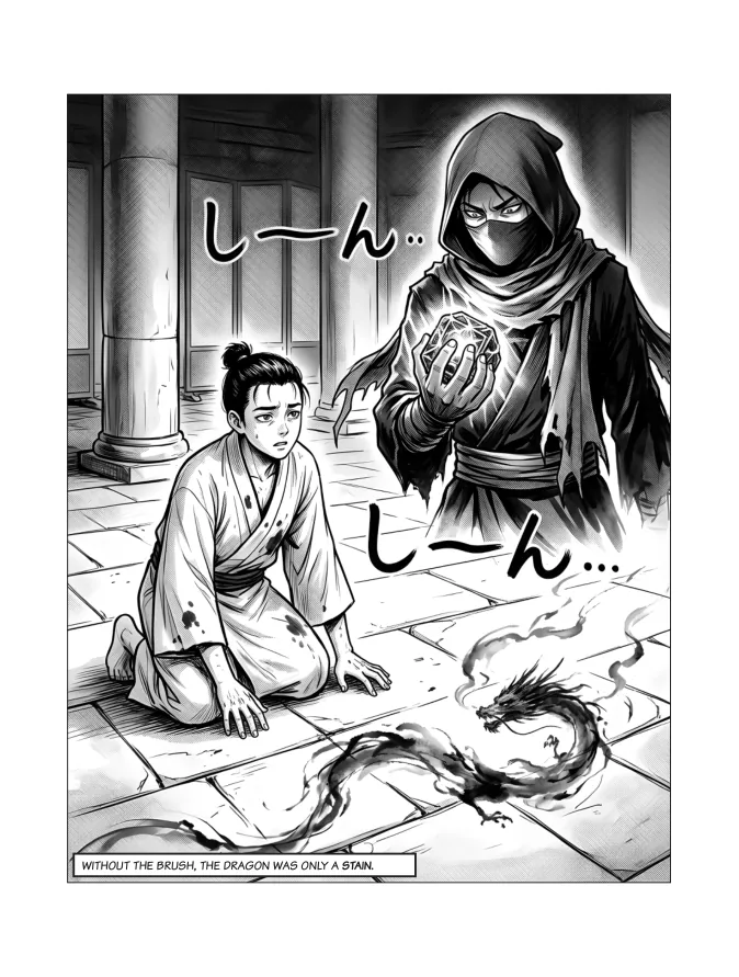 Interior page: the masked thief confronted in the temple hall.